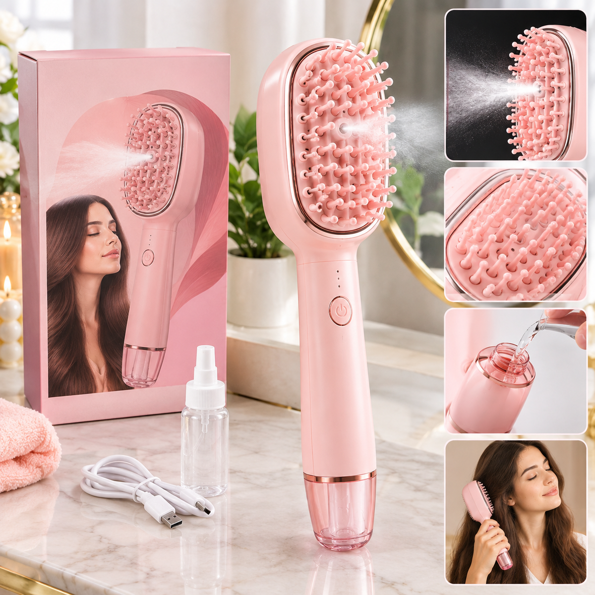 Electric Spray Retractable Air Cushion Comb – USB Rechargeable Hair Mist Brush for Smooth, Tangle-Free & Shiny Hair