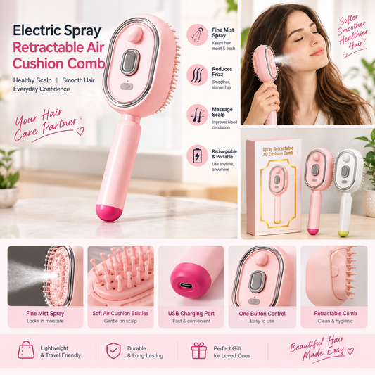 Electric Spray Retractable Air Cushion Comb – USB Rechargeable Hair Mist Brush for Smooth, Tangle-Free & Shiny Hair