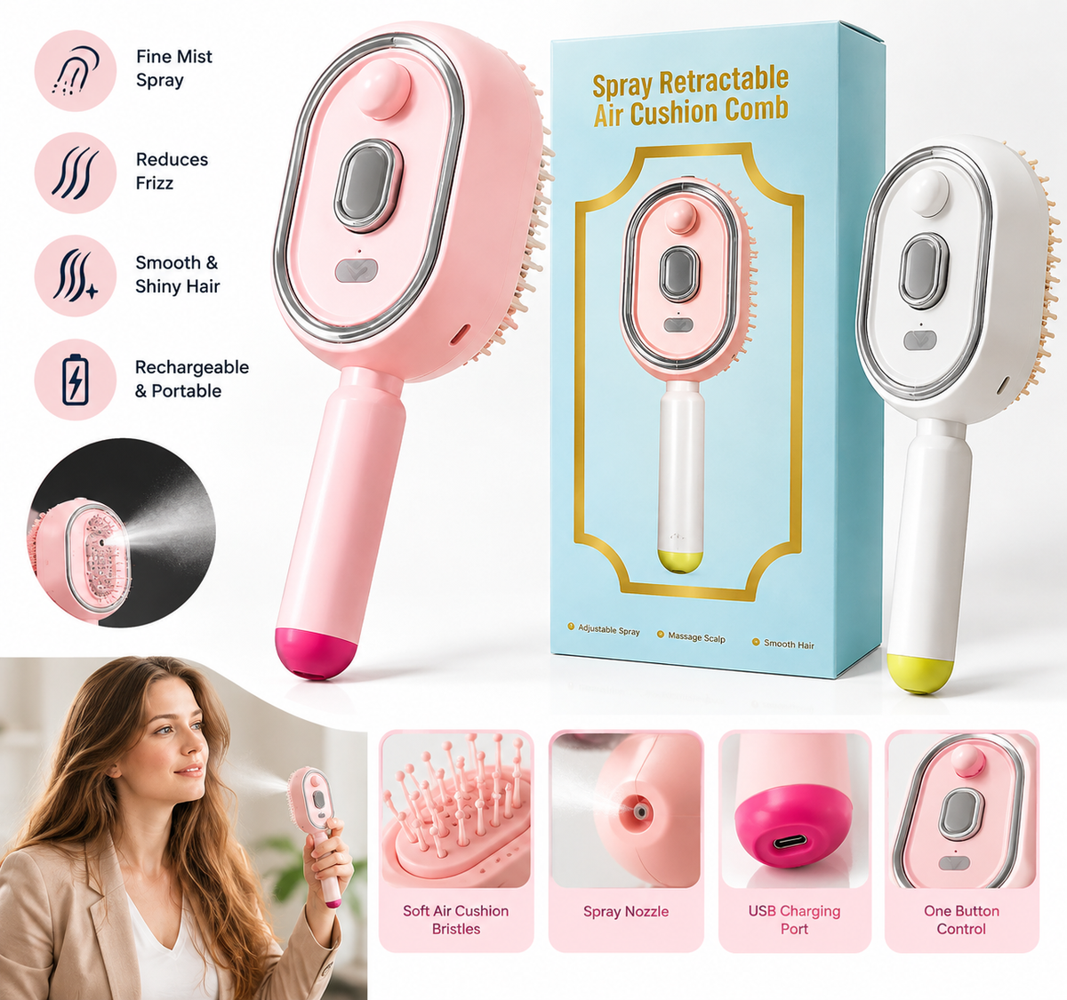 Electric Spray Retractable Air Cushion Comb – USB Rechargeable Hair Mist Brush for Smooth, Tangle-Free & Shiny Hair